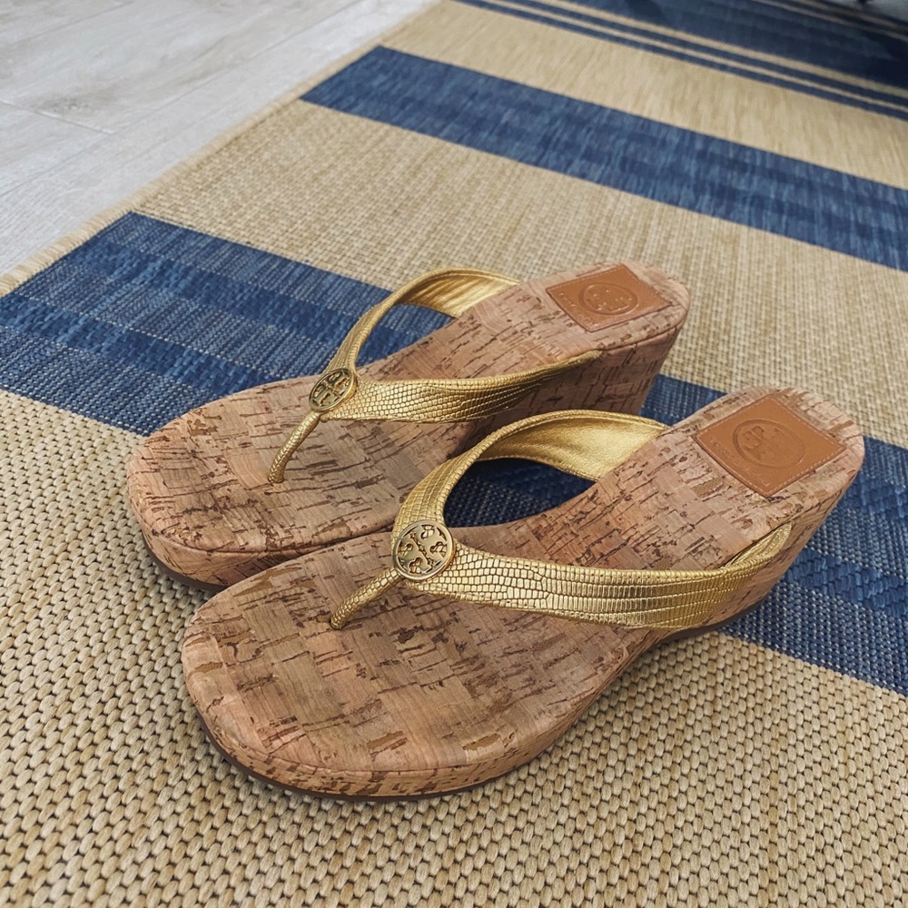 Gold Tory Burch Leather Thong Wedge Sandals